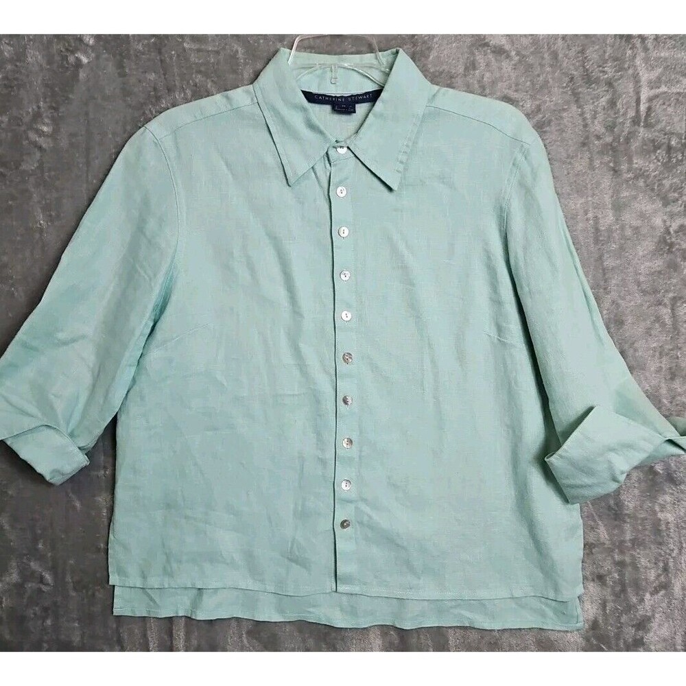 Catherine Stewart sz Med  100% Linen green Blouse Women's 3/4 sleeve